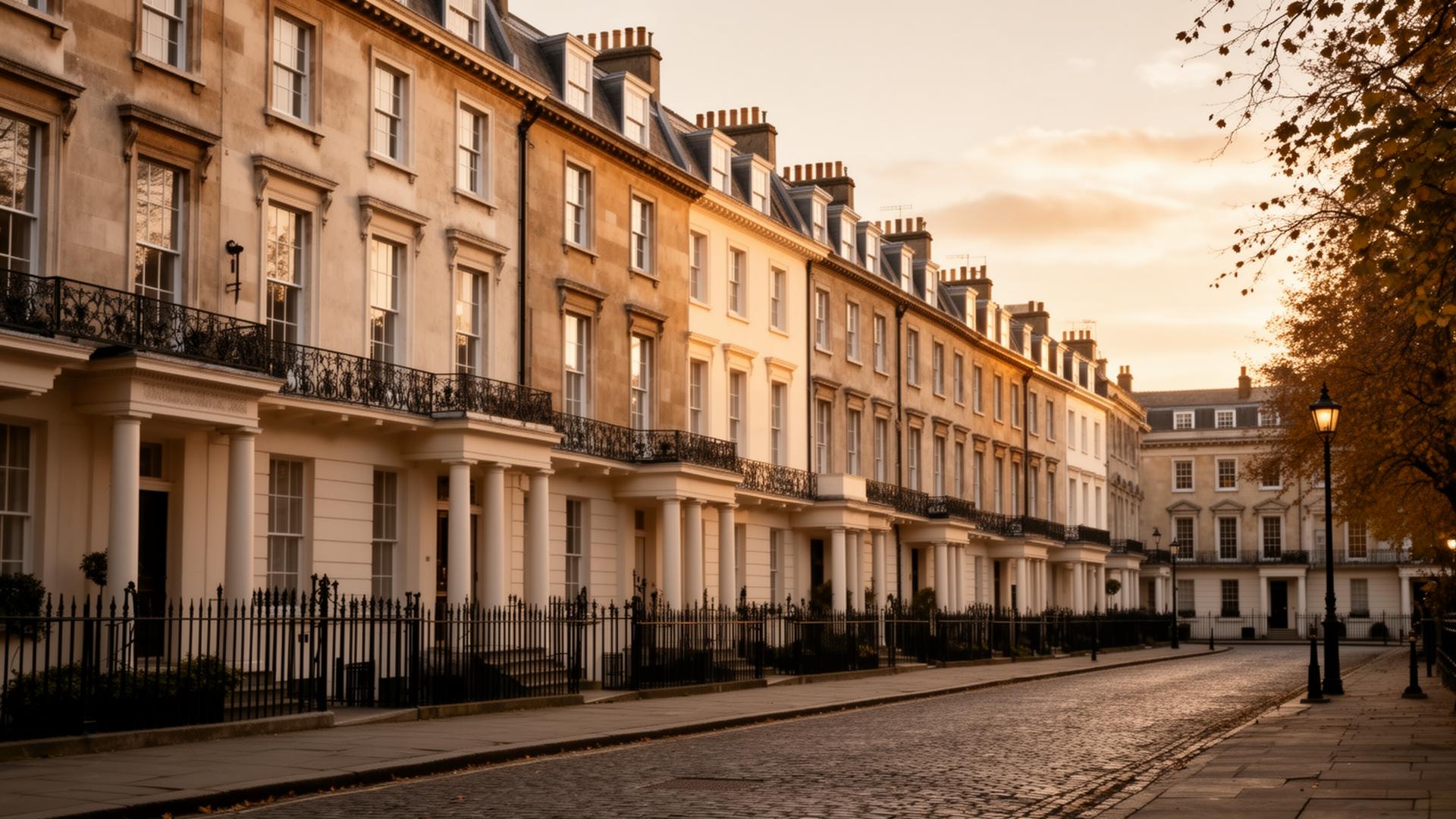 Elegant period residential street at dusk